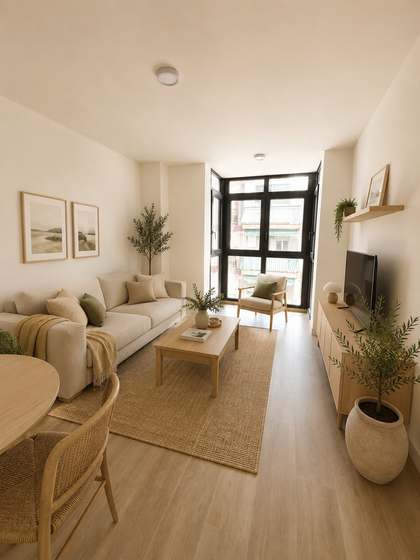 Salón-comedor con ventanal de suelo a techo y salida de luz a la calle. (vivienda 2ºD)