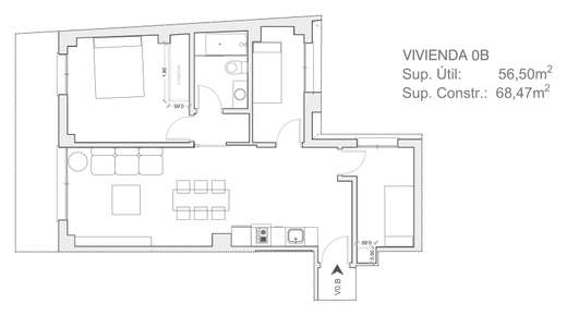 Plano acotado de Vivienda de 3 dormitorios Bajo B, con la distribución y la superficie de cada estancia.