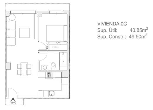 Plano acotado de Vivienda de 1 dormitorio Bajo C, con la distribución y la superficie de cada estancia.