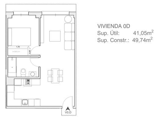 Plano acotado de Vivienda de 1 dormitorio Bajo D, con la distribución y la superficie de cada estancia.