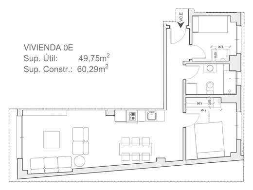 Plano acotado de Vivienda de 2 dormitorios Bajo E, con la distribución y la superficie de cada estancia.