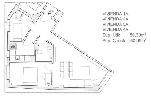 Plano acotado de Vivienda de 2 dormitorios 2ºA, con la distribución y la superficie de cada estancia.