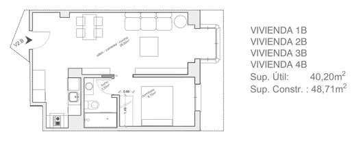 Plano acotado de Vivienda de 1 dormitorio 2ºB, con la distribución y la superficie de cada estancia.