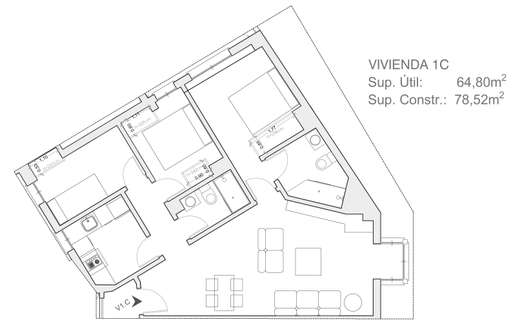 Plano acotado de Vivienda de 3 dormitorios 1ºC, con la distribución y la superficie de cada estancia.