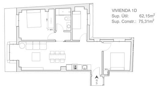 Plano acotado de Vivienda de 3 dormitorios 1ºD, con la distribución y la superficie de cada estancia.