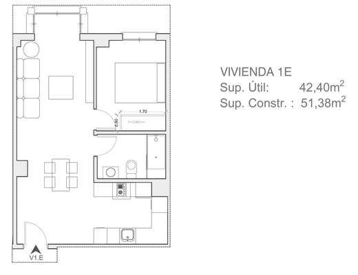 Plano acotado de Vivienda de 1 dormitorio 1ºE, con la distribución y la superficie de cada estancia.