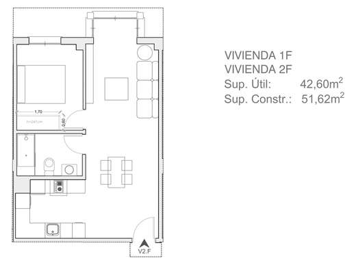 Plano acotado de Vivienda de 1 dormitorio 2ºF, con la distribución y la superficie de cada estancia.