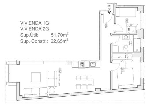 Plano acotado de Vivienda de 2 dormitorios 1ºG, con la distribución y la superficie de cada estancia.