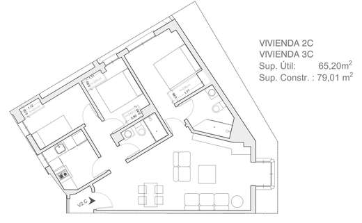 Plano acotado de Vivienda de 3 dormitorios 2ºC, con la distribución y la superficie de cada estancia.