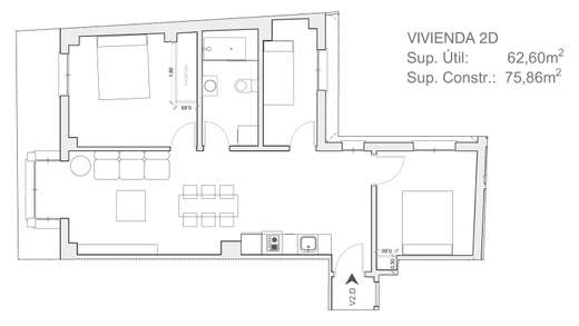 Plano acotado de Vivienda de 3 dormitorios 2ºD, con la distribución y la superficie de cada estancia.