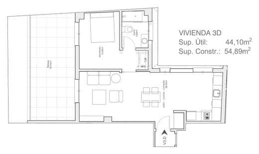 Plano acotado de Vivienda de 1 dormitorio 3ºD, con la distribución y la superficie de cada estancia.