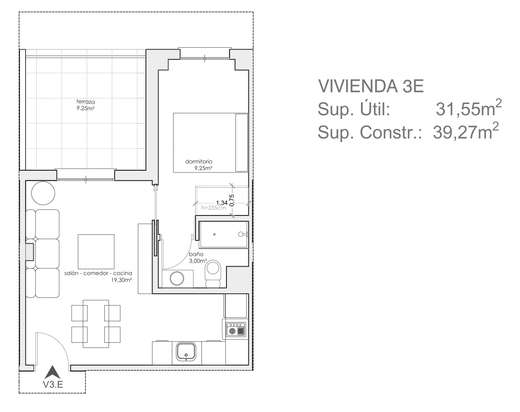 Plano acotado de Vivienda de 1 dormitorio 3ºE, con la distribución y la superficie de cada estancia.