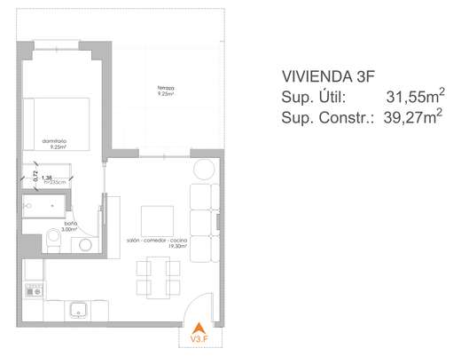 Plano acotado de Vivienda de 1 dormitorio 3ºF, con la distribución y la superficie de cada estancia.