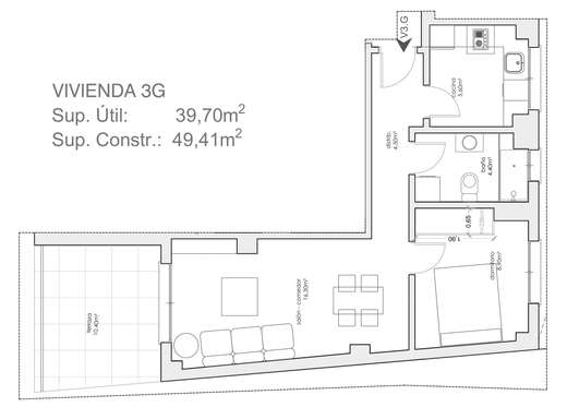 Plano acotado de Vivienda de 1 dormitorio 3ºG, con la distribución y la superficie de cada estancia.