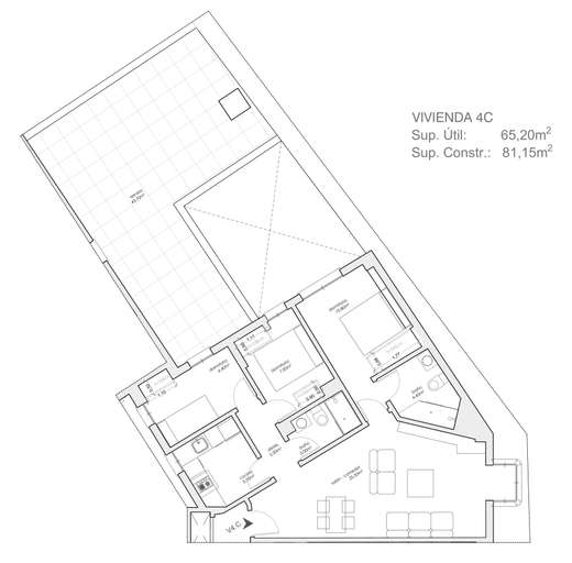 Plano acotado de Vivienda de 3 dormitorios 4ºC, con la distribución y la superficie de cada estancia.