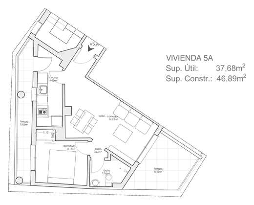 Plano acotado de Vivienda de 1 dormitorio 5ºA, con la distribución y la superficie de cada estancia.