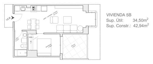 Plano acotado de Vivienda de 1 dormitorio 5ºB, con la distribución y la superficie de cada estancia.