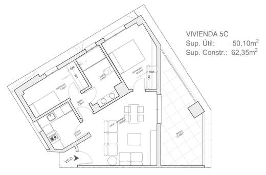 Plano acotado de Vivienda de 2 dormitorios 5ºC, con la distribución y la superficie de cada estancia.